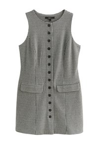 Abito senza maniche in pied de poule bianco e nero con scollatura rotonda, chiusura frontale con bottoni e due tasche laterali.