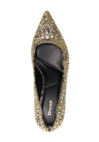 Gold and silver embellished pointed-toe stiletto shoe with a detailed decorative brooch and smooth black insole. Brand name visible inside.