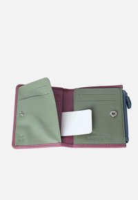 RFID wallet featuring green and burgundy leather. Interior has card slots, a snap closure, and an embossed message: "today is a good day."