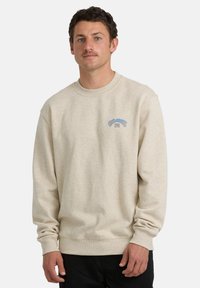 Jasno beżowy sweatshirt z okrągłym dekoltem, prążkowanymi mankietami i dołem, z kolorową haftowaną grafiką na piersi.