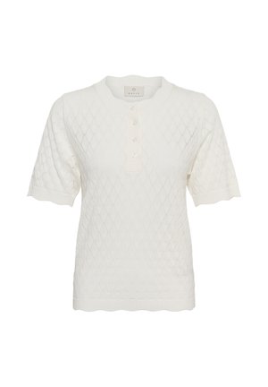 Haut blanc en maille à manches courtes avec motif losange, col rond et cinq boutons sur la patte de boutonnage devant.