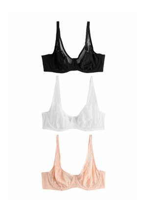 Three unlined lace bras in black, white, and nude colors displayed vertically on a white background.