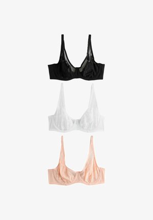 Three unlined lace bras in black, white, and nude colors displayed vertically on a white background.