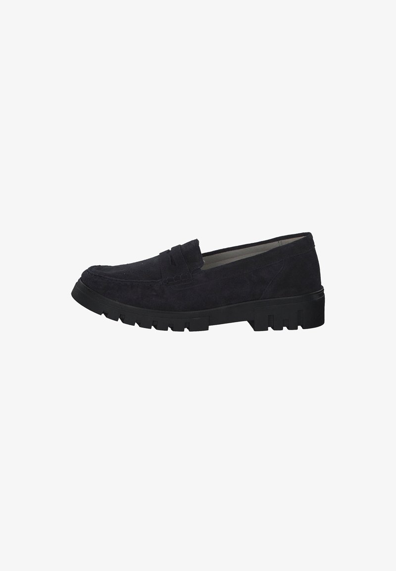 Mocassin en daim noir avec semelle crantée épaisse et détail bride penny, conçu pour un usage décontracté ou semi-formel.