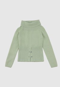 Green knitted sweater with a wide cowl neckline, long sleeves, and ribbed hem. Features three buttons at the front with a straight fit.