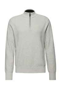 Světle šedý svetr s polovičním zipem u límce, žebrovanými manžetami a lemem, vyrobený z texturované tkaniny. Na hrudi se nachází malé logo.