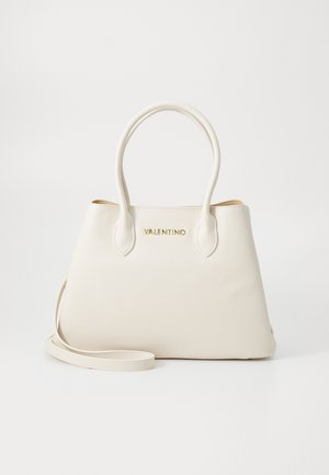 Cream-colored Valentino handbag with two handles and a detachable shoulder strap, displayed against a white background.