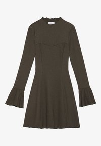 Mörk olivgrön långärmad stickad klänning med utställda ärmar, figursydd midja, lätt volang vid kragen och A-linjeformad kjol.