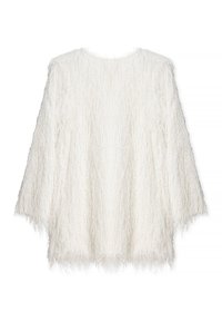 Haut en tricot blanc, moelleux, avec de longues manches larges et un col rond. Présente un tissu texturé à franges pour un aspect léger et aérien.