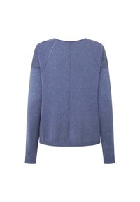 Pull-over bleu marine à manches longues, col rond et ourlet côtelé. Présente un motif en tricot texturé et des détails de couture sur les épaules.