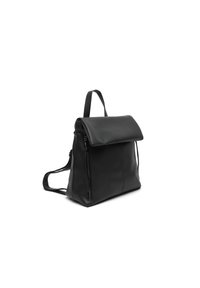 Black leather backpack with a fold-over flap, zip closure, and adjustable straps. Features textured surface and a side zip pocket.
