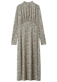 Langmouwen jurk in gedempt bruin met een wit bloemenpatroon, met een hoge halslijn en geplooide details aan de achterkant.