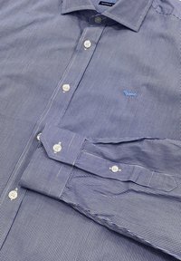 Camicia a maniche lunghe a quadretti blu e bianchi, con colletto button-down, bottoni bianchi e un piccolo logo di un cane blu sul petto.