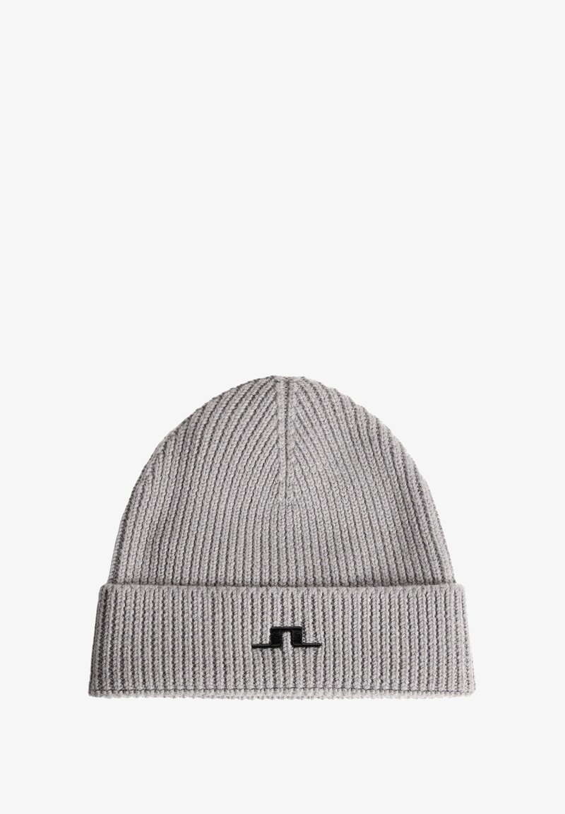 Beanie grigio lavorato a maglia con texture a coste, risvolto e un piccolo logo nero sul davanti. Materiale morbido e caldo.