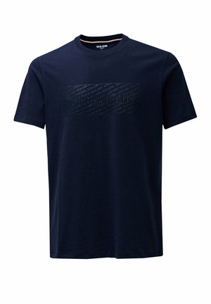 Camiseta de manga corta azul marino con cuello redondo, que presenta un estampado rectangular en el pecho con el logo "SALSA JEANS" repetido en un tono azul oscuro tonal.