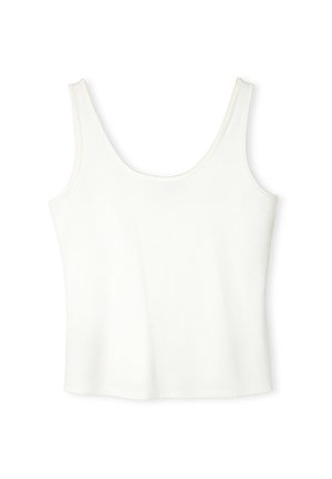 Top bianco senza maniche con scollatura a barca, realizzato in morbido tessuto di cotone. Presenta ampie bretelle e un orlo dritto.