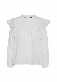 Blouse blanche avec des manches volantes, un col haut, une texture à pois et des détails froncés au niveau du corps. Poignets élastiques aux manches.