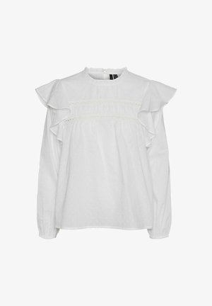 Hvid bluse med flæser på ærmerne, høj halsudskæring, prikstruktur og samlinger ved livet. Elastiske manchetter ved ærmerne.