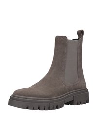 Gray suede Chelsea boot with elastic side panels, textured rubber sole, and a pull tab. Features a chunky tread for traction.