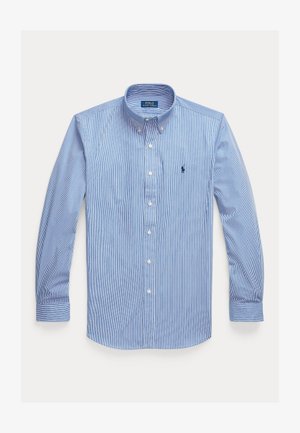 Modrá a biela dlhá košeľa s vertikálnymi pruhmi, zapínaná na gombíky, s golierom na gombíky a malým vyšívaným logom na hrudi.