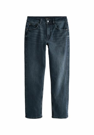 Jeans in denim blu scuro con un taglio dritto, dotati di tasche frontali, chiusura a un bottone e un delicato effetto slavato.