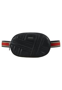 Sac ceinture ovale en cuir noir matelassé avec logo DKNY argenté et une sangle en tissu rayée rouge, marron et blanc, fermeture éclair.