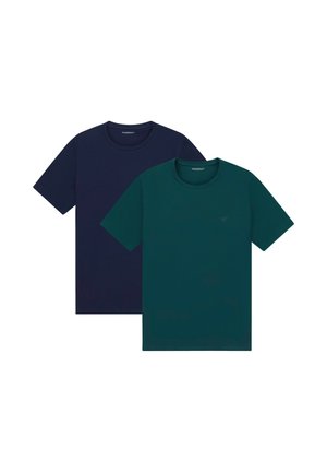 Two short-sleeve t-shirts in navy and dark green cotton. Classic crew neck design with a smooth texture. Each has a subtle logo on the chest.