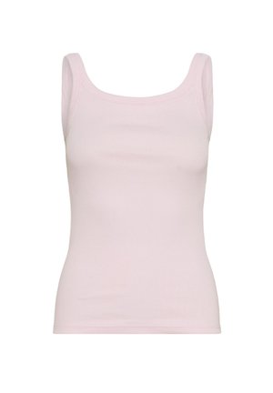 Débardeur rose clair sans manches à côtes, avec larges bretelles et encolure dégagée.