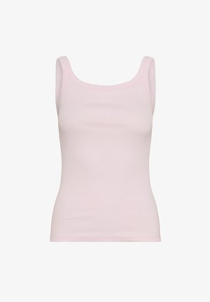 Débardeur rose clair sans manches à côtes, avec larges bretelles et encolure dégagée.