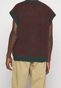 Grön stickad väst med ett rött utsmyckat mönster. Har korta ärmar och en ribbad nederkant. Materialet verkar mjukt och texturerat.