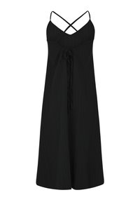 Robe midi noire avec fines bretelles, dos croisé, détail noué à la taille et silhouette fluide. Texture à rayures verticales.