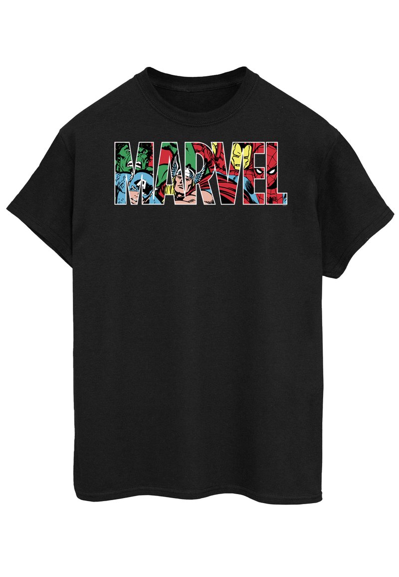 Svart bomull T-skjorte med ordet "MARVEL" i store, fargerike bokstaver, som viser ulike superheltkarakterer innenfor bokstavene.