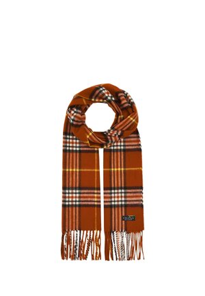 Orange karierter Schal mit schwarzen, weißen, rosa und gelben Streifen, fransigen Enden und einem kleinen schwarzen Etikett auf einer Seite.