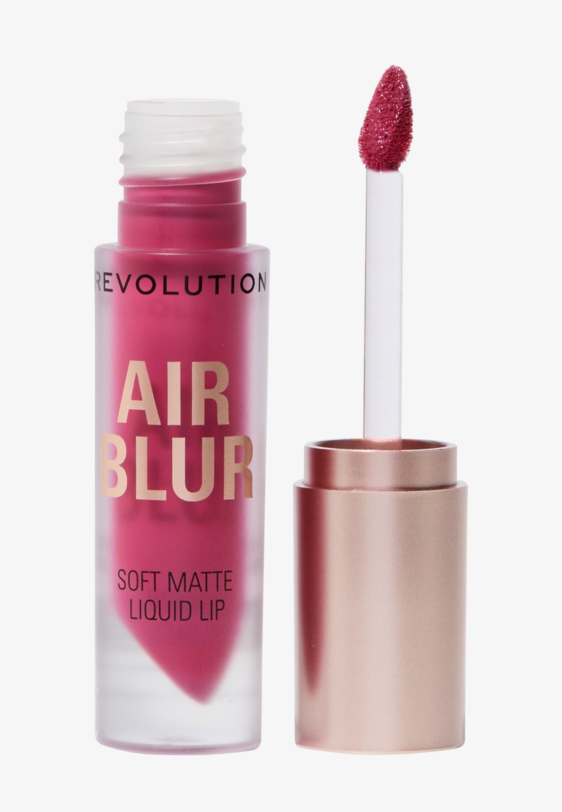 Myk mat flytende leppestiftprodukt i en gjennomsiktig rosa beholder med gullskrift. Inkluderer en rosa applikator med en myk tupp for enkel påføring.