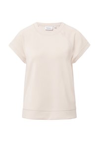 Lichtbeige, shirt met korte mouwen en een ronde halslijn met een ontspannen pasvorm. Zachte stof met zichtbare stikseldetails en een licht gebogen zoom.