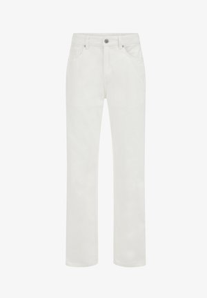 Witte denimbroek met een rechte pijp, vijf zakken en een knoopsluiting aan de voorkant. Heeft een gladde, licht gestructureerde stof.