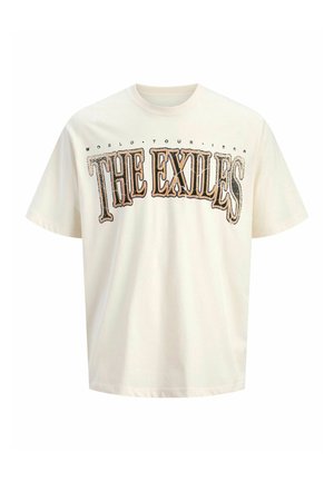 T-shirt à manches courtes couleur ivoire avec un grand texte de style vintage "THE EXILES" sur la poitrine et un petit texte "WORLD TOUR 1989" au-dessus.