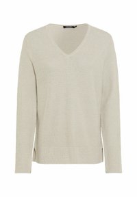 Roomkleurige gebreide trui met een V-hals, lange mouwen en zijslits, voorzien van een gestructureerd patroon en geribbelde boorden.