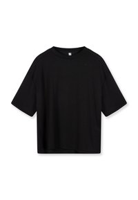 T-shirt nera a maniche corte realizzata in tessuto morbido, caratterizzata da una vestibilità comoda, collo a giro e design minimalista senza fantasie o dettagli.
