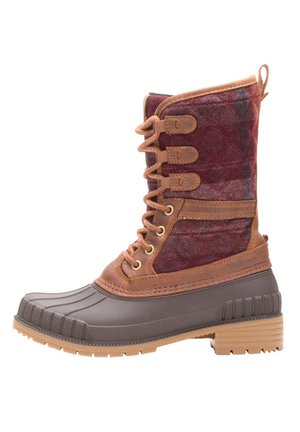 Brown and maroon waterproof boots with a lace-up design, rubber sole, fabric upper, and textured leather accents. Features waterproof construction.