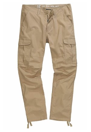 Beige Cargo-Hosen aus leichtem Stoff. Verfügt über mehrere Seitentaschen, einen Reißverschluss und verstellbare Zugbänder an den Knöcheln.