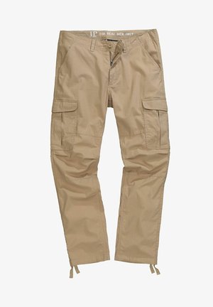 Beige cargobroek gemaakt van lichtgewicht stof. Voorzien van meerdere zijzakken, een ritssluiting en verstelbare trekkoorden bij de enkels.