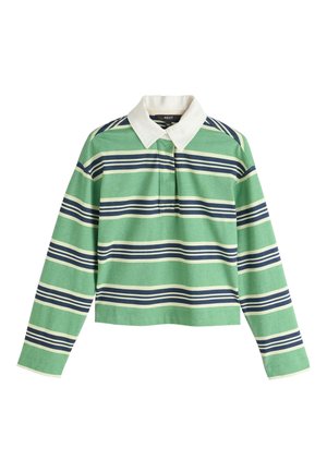 Koszulka rugby z długim rękawem z zielonymi, granatowymi i białymi poziomymi paskami oraz białym kołnierzem.