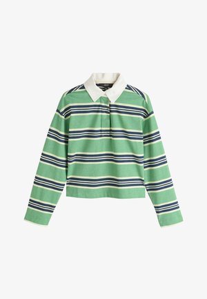 Maillot de rugby à manches longues avec des rayures horizontales vertes, bleu marine et blanches et un col blanc.