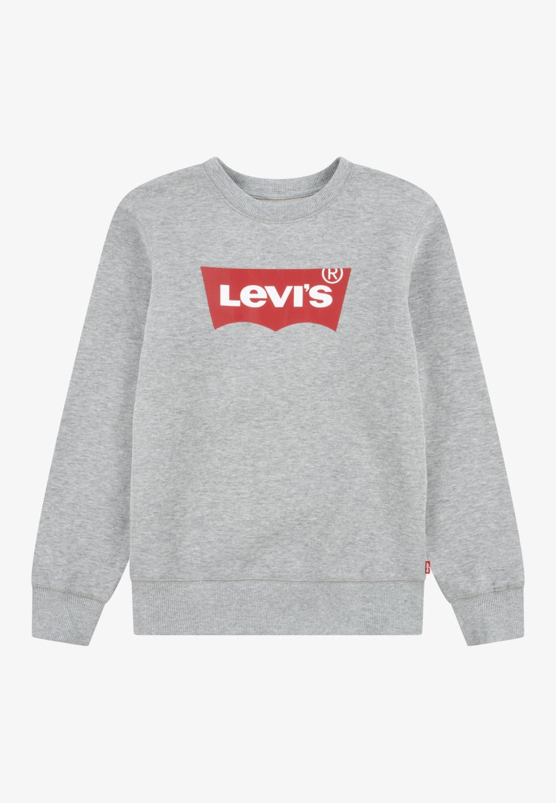 Grå sweatshirt laget av myk stoff med en rød Levi's-logo i en buet lappdesign på fronten, med ribbet mansjetter og kant.