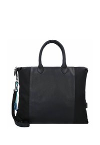 Sac fourre-tout noir en cuir texturé et tissu lisse. Comprend des poignées doubles et une bandoulière amovible.