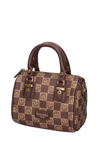 Borsa a mano a quadri marrone in ecopelle, con motivi a rosa, doppi manici, dettagli in oro e chiusura con zip.