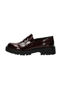 Bordeaux patenten leren loafers met een ronde neus, instapontwerp en een gestructureerde zwarte rubberen zool met diepe groeven.