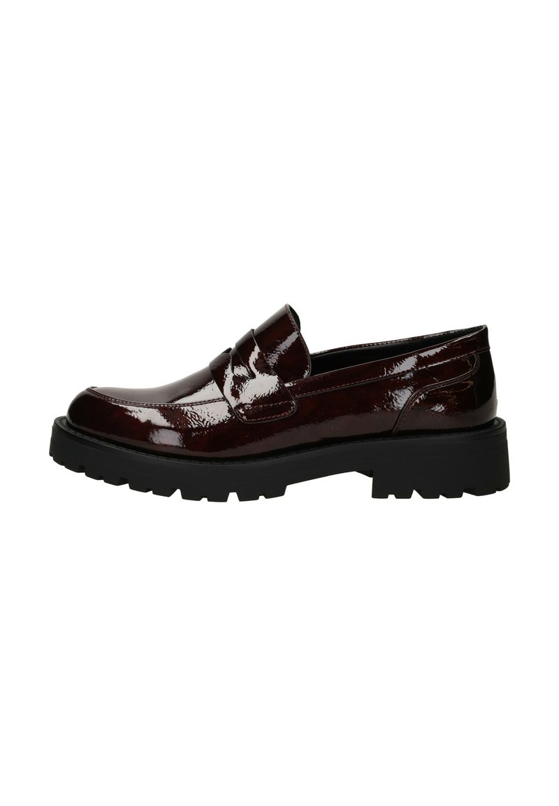Bordeaux patenten leren loafers met een ronde neus, instapontwerp en een gestructureerde zwarte rubberen zool met diepe groeven.