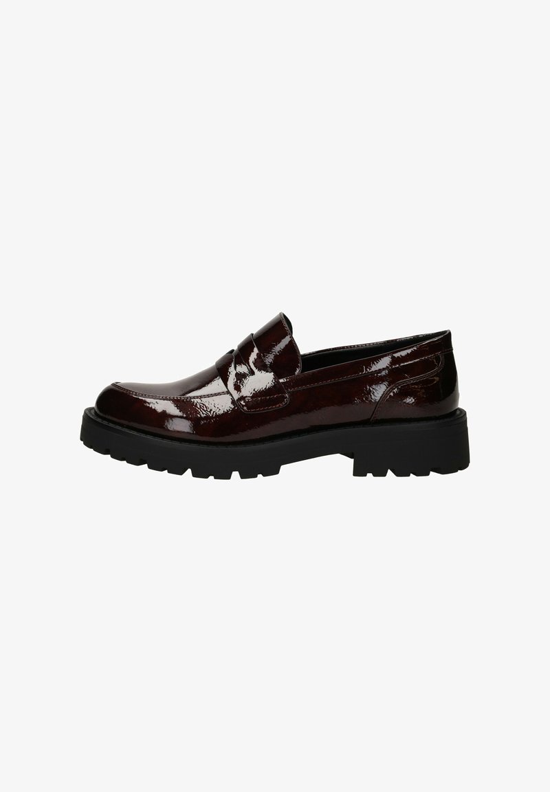 Bordeaux patenten leren loafers met een ronde neus, instapontwerp en een gestructureerde zwarte rubberen zool met diepe groeven.